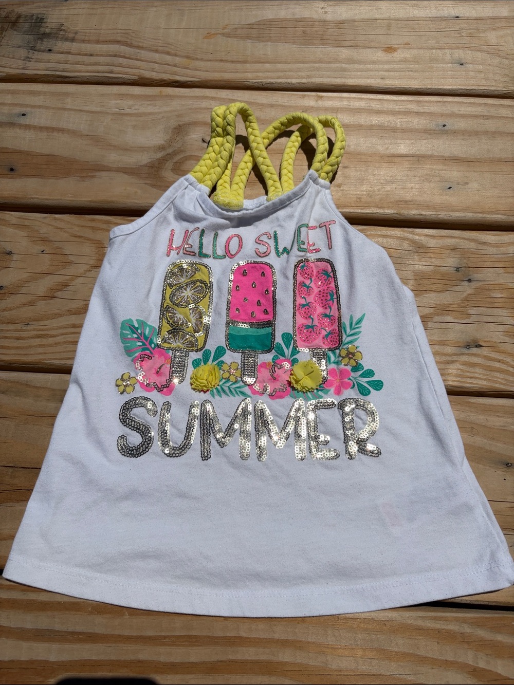 Girls White 'Hello Sweet Summer' Tank Top with Yellow Straps